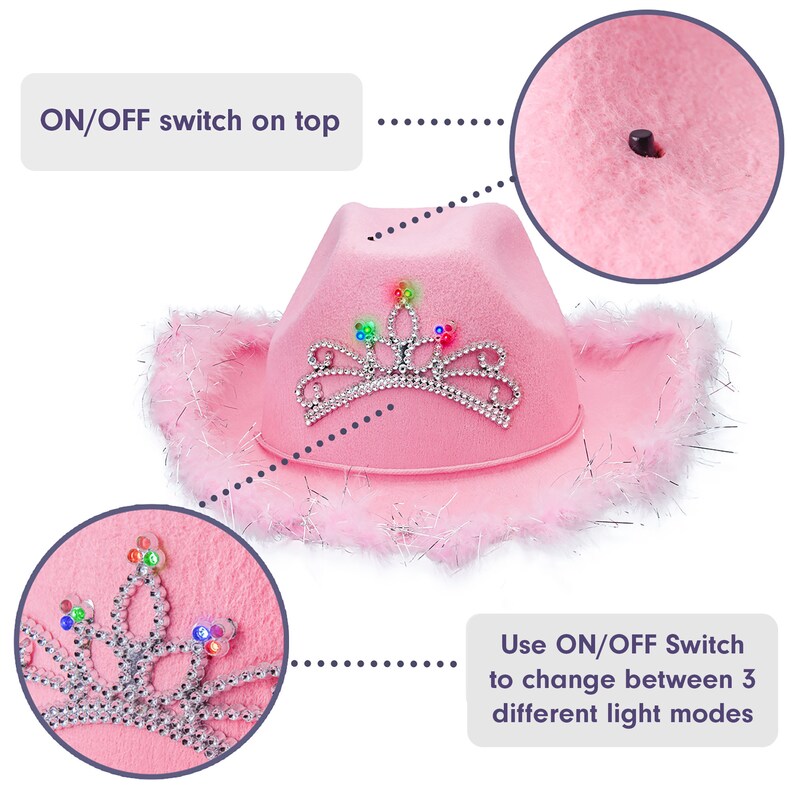 Pink Light up Cowboy Hat With Tiara and Feathers Pink Cowgirl Etsy