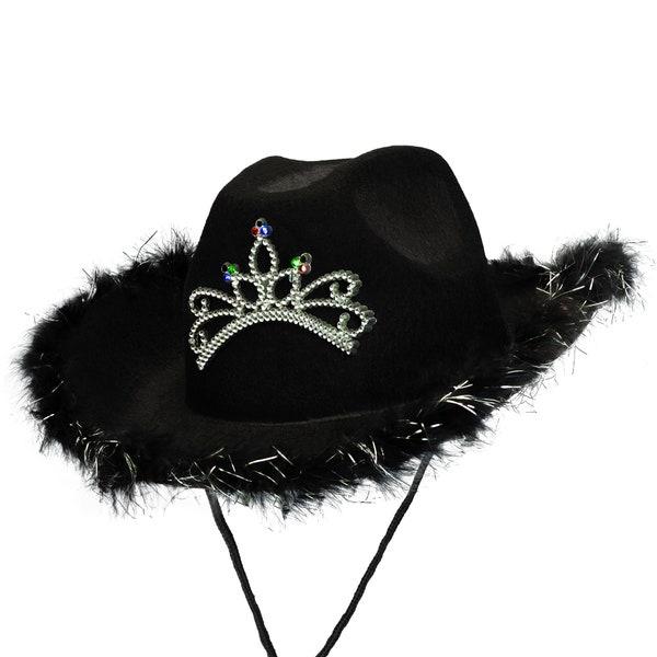 Black Light up Cowboy Hat with Tiara and Feathers, Black Cowgirl Hat with Crown, Blinking Rhinestones Cowgirl Hat, Rodeo Hat, Princess Hat