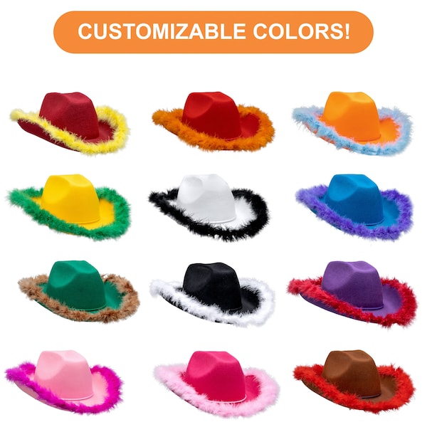 Custom Two Tone Cowboy Cowgirl Hat with Feathers, Customizable Bridesmaid Nashville Bachelorette Western Rodeo Birthday Halloween Party Hats