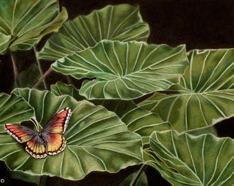 Leaves, butterfly, glitter, nature, painting, pastel chalk, 39 x 27 cm, original painting, handmade