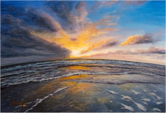Mare Spiaggia Onde Tramonto Miniatura Pittura Acrilico 10x15 Cm Blu Arancione Bianco Mano Lavoro