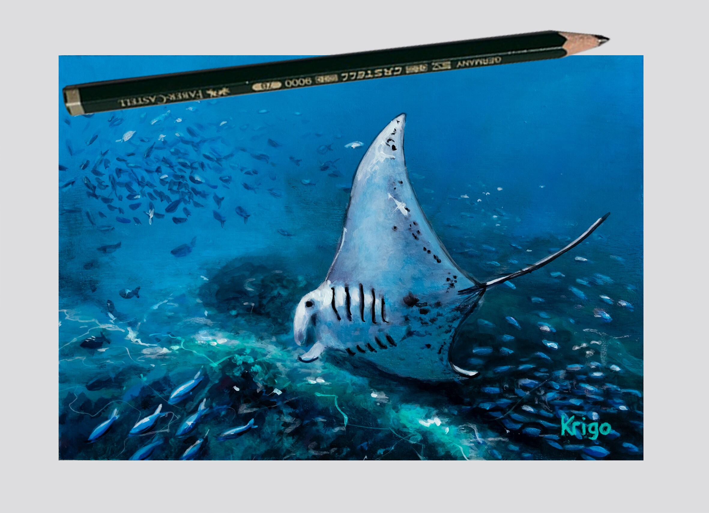 Manta, Rays, Underwater, Fish, Elegant, Nature, Acrylic, 10 X 15 Cm,  Realistic, Original Painting, Blue, Grey -  Canada