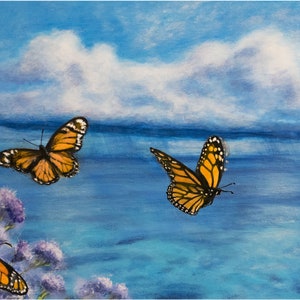 Sea clouds Butterflies Monarch Miniature Painting Acrylic 10 x 15 cm blue orange white handmade