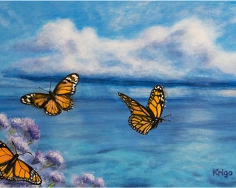 Meer Wolken Schmetterlinge Monarch Miniatur Gemälde Acryl 10x15cm blau orange weiß Handarbeit