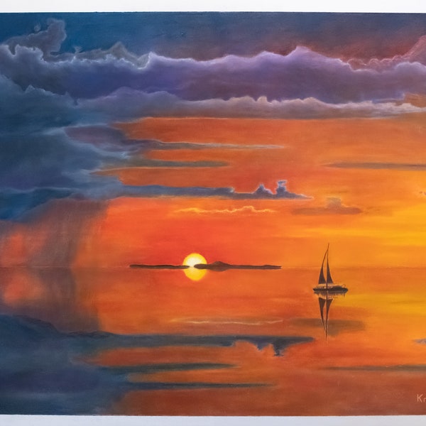 Sonnenuntergang, Wolken, farbenfroh, Landschaft, Boot, schiff, original Malerei, Natur, Spiegelung, rot, violett, orange, grau