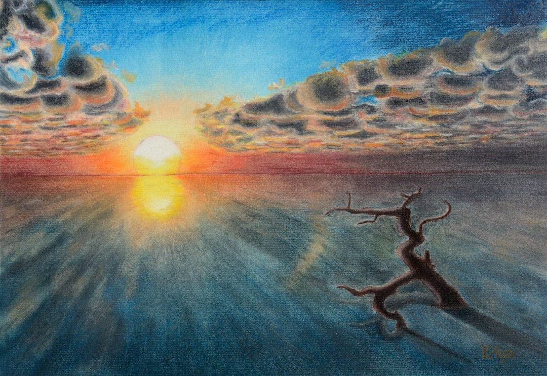 Sunset Flood!, Sunset, Painting, Pastel Chalk, 40 X 28 Cm