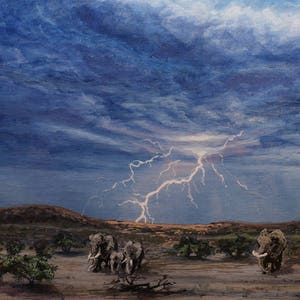 steppe, elephant, lightning, clouds, thunderstorms, Africa, miniature painting, acrylic, 10 x 15 cm, original painting, handmade