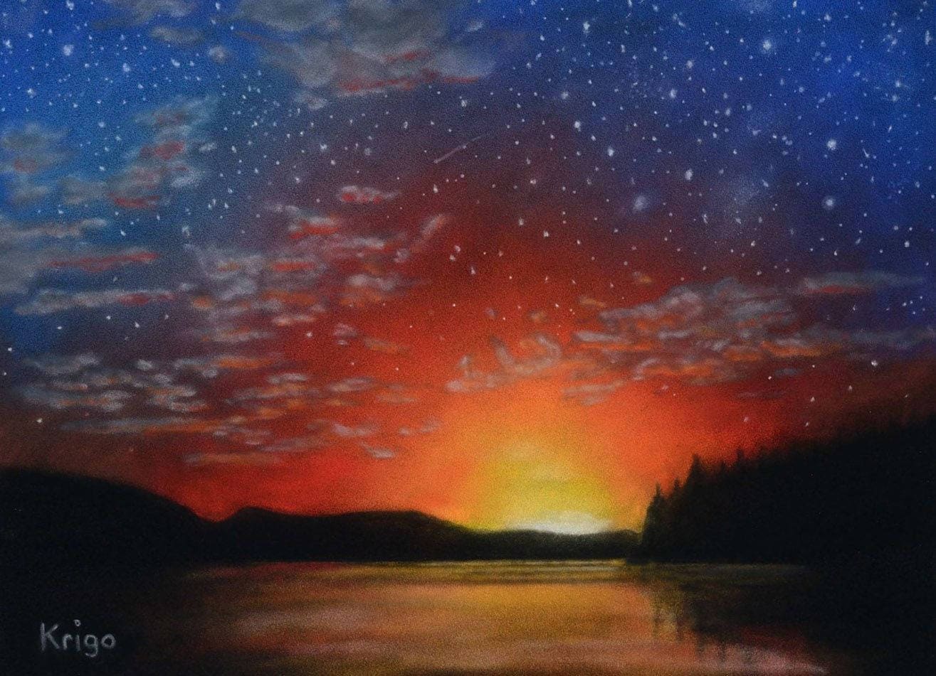 Sunset, sunset, water, stars, nature, painting, pastel chalk, 32 x 24 cm, original painting, handmade