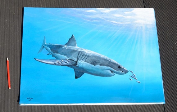Divers Surprise Grote Witte Witte Haai schilderij Etsy