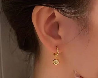 Lepos 18k Solid Yellow Gold Simple small bead drop Earrings /18k Solid Gold Minimalist Huggies /Fine Jewellery