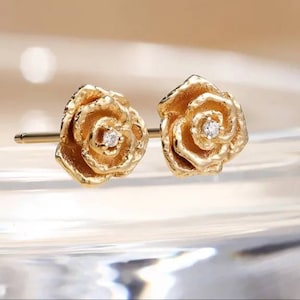 Lepos 14k Solid Yellow Gold Diamond Rose Flower Stud earrings for women /Fine Jewellery