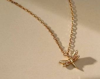 Lepos 14k Solid Yellow Gold Dragonfly pendant necklace