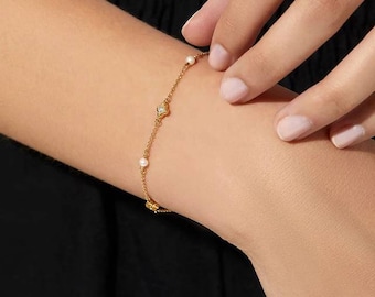 Lepos 14k massief geelgouden diamanten klavertje vier armband met zoetwaterparel