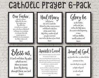 Catholic Prayer Printable 6-Pack, Our Father, Hail Mary, Glory Be, Angel of God, Apostle&#39;s Creed & Grace Before Meals, Catholic Home Decor