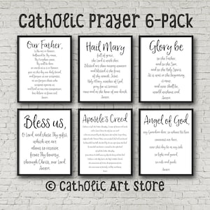Catholic Prayer Printable 6-Pack, Our Father, Hail Mary, Glory Be, Angel of God, Apostle&#39;s Creed & Grace Before Meals, Catholic Home Decor