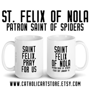 St. Felix of Nola Pray for Us Mug, Patron Saint of Spiders, Catholic Arachnology Entomologist Gift, Science Professor Teacher Graduation