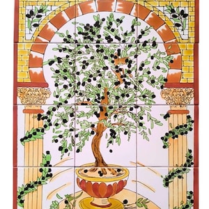 May include: A rectangular wall mural composed of twelve square ceramic tiles featuring a hand-painted olive tree in a decorative pot, framed by two classical columns and a brick-patterned archway in shades of yellow, brown, and green.