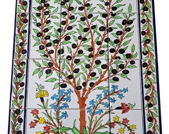Exclusive tile mural with olive tree motif, 45 x 60 cm – Handmade Tunisian ceramic tiles – Mediterranean wall decoration – 18" x 24" tiles