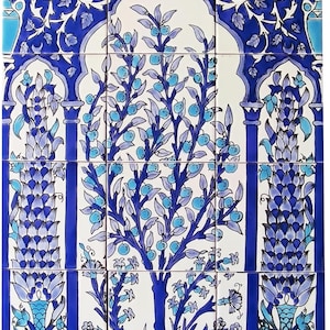 Può includere: Un set di nove piastrelle in ceramica con un disegno di albero blu e bianco. L'albero ha frutti blu ed è ambientato su uno sfondo bianco. Le piastrelle sono incorniciate con elementi floreali e architettonici blu.