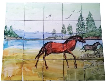 Pferde Fliesenbild Pony Hengst Vögel handbemalte Fliesen 60x75 Signiert Fliesen MEDITERRANE Fliesen Azulejos Murals Fayence Horses tiles