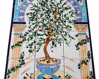 Tegelafbeelding olijfboom, 45x60 tegels, 18"x24", handbeschilderde tegels, Art Deco mozaïek, vintage wanddecoratie, Azulejos keukentegels, Tegel decoratie