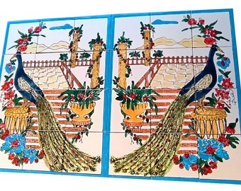 handbemalte Fliesen Pfau Fliesenbild 60x90 Mosaik 35" x 23" Jugendstil Azulejos Tegel Keramikfliesen Wandfliesen Italien Fliesen Motiv