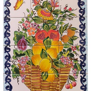 Fruit basket 45x60 Fruit basket 18&quot; x 24&quot; hand-painted tiles flowers tile picture mosaic vintage picture decorative tiles Azulejos kitchen tiles ceramic
