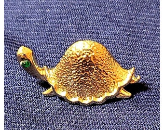 Vintage Turtle Brooch Pin Unsigned Tortoise Gold Tone Rhinestone