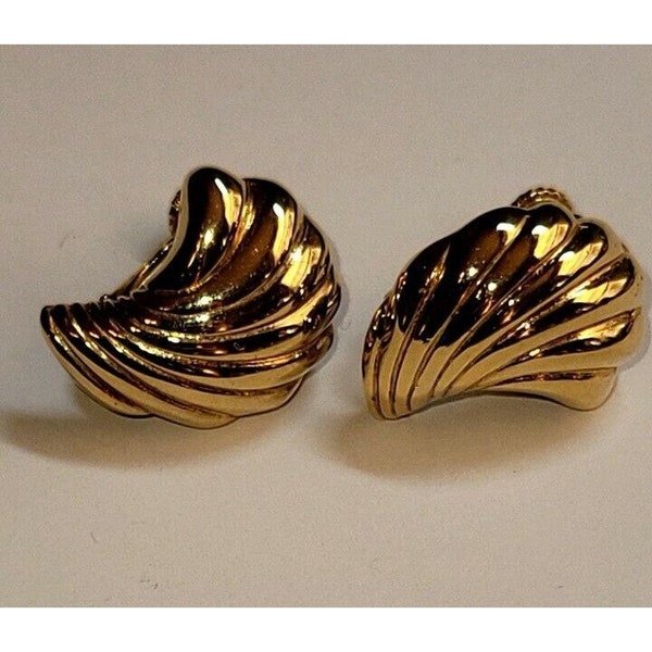 Vintage Goldtone Napier Shell Fan Clip on Adjustable Screw Back Earrings