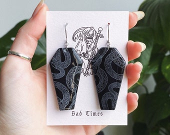 CRYPT dangle earrings || black and white snake printed coffin dangle polymer clay earrings