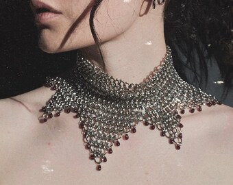 DELIVERANCE Necklace || Handmade stainless steel chainmail jester collar necklace with red Czech glass beads
