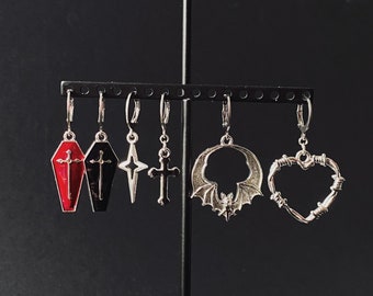 Assorted Gothic Earrings || various gothic silver charm earrings with stainless steel hoops