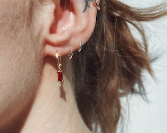 18k Gold Red Crystal Earrings || dainty red mini baguette crystal glass pendants on 18k gold plated hoops