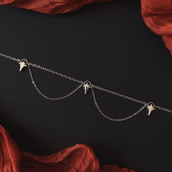 ORION Chandelier Necklace || handmade stainless steel dainty chain chandelier choker necklace with North Star beads and draped chains