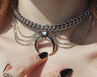 LUNA necklace || statement crescent moon chunky chain stainless steel necklace with draped chains