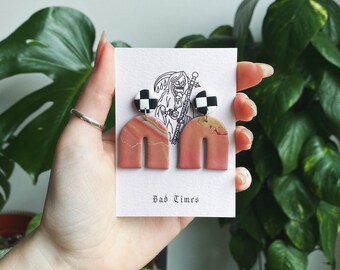 Pink Marble and Checkerboard DECO || limited edition polymer clay zero waste marbled peach/pink arches with checkerboard studs