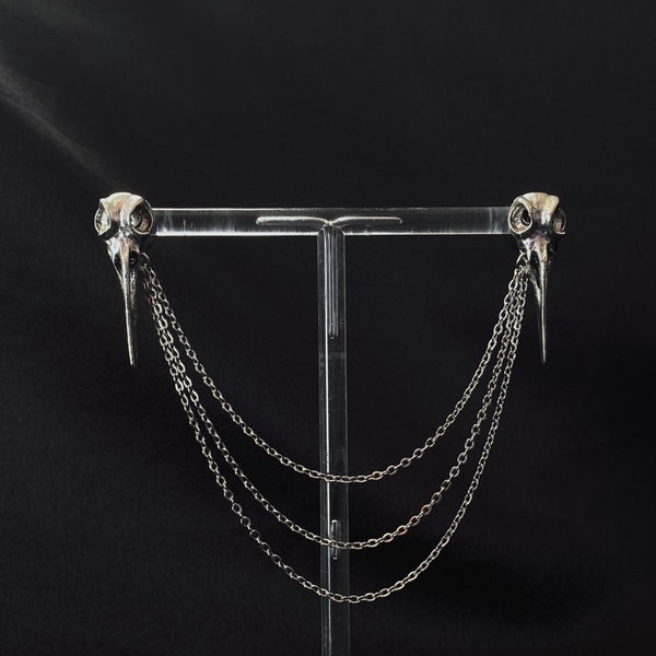 RAVEN collar pins || silver raven skull collar pins with adjoining draped chains