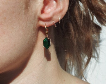 18k Gold Green Crystal Earrings || dainty green hexagon glass crystal charms in a brass setting on 18K gold plated hoops