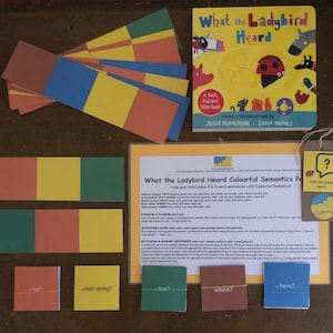 Può includere: Un gioco educativo colorato per bambini basato sul libro "What the Ladybird Heard". Il gioco include un set di carte con colori diversi e parole come "chi", "cosa sta facendo", "cosa", "quando" e "dove".