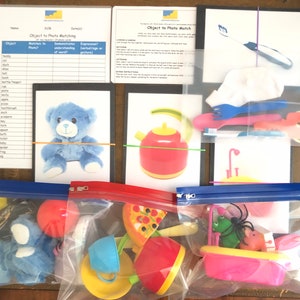 May include: A set of educational toys for children, including a blue teddy bear, a red teapot, a pink bathtub, a green frog, a spider, a pizza, a red ball, a blue cup, a yellow cup, a yellow spoon, a toothbrush, a fork, a red and white sock, and a blue and white toothbrush. The toys are in clear plastic bags with blue and red zippers.