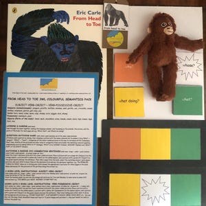 May include: A colorful educational resource for teaching children about the human body. The pack includes a worksheet with the title "From Head to Toe 3WL Colourful Semantics Pack" and a set of cards with questions like "who?", "whose?", "what doing?", and "what?" The cards are color-coded with orange, yellow, and green.