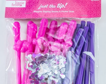 Penis Straws 20 Pack + Confetti by LIZZIE FROST Pink & Purple - Perfect for Bachelorette Party