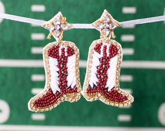 College Game Day Earrings, Cowgirl Boot Earrings, Rodeo, Football, Fashion Statement, Beaded, Team Colors, Texas A&M, Aggie, Mississippi
