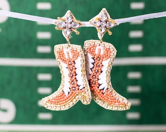 Game Day Earrings, Cowgirl Boot Earrings, Rodeo, Texas, Longhorn, Football, Fashion Statement, Beaded, Austin, City Limits, Orange and White