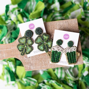 St. Patrick's Day Beaded Drop Earrings, Shamrock Clover, Beer Mug