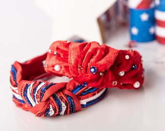 Knotted Patriotic Headband, Red White Blue, Jeweled 4th of July