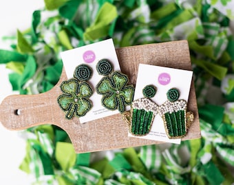 St. Patrick's Day Beaded Drop Earrings, Shamrock Clover, Beer Mug