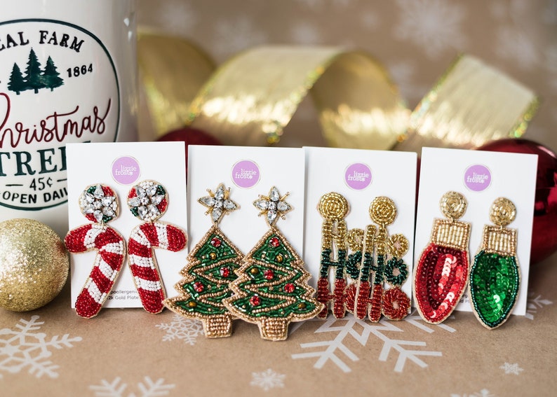 Christmas Earrings, Christmas Gifts, Tree, Lights, HO HO HO, Candy Canes, Stocking Stuffers, Party, Unique Christmas Gifts, Holiday Party image 1