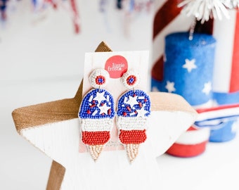 Patriotic Earrings, 4th of July, American Flag, USA,  Ice Cream, Beaded, Fashion Statement, Red, White, Blue, Dangle Earrings, Handmade