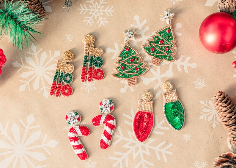 Christmas Earrings, Christmas Gifts, Tree, Lights, HO HO HO, Candy Canes, Stocking Stuffers, Party, Unique Christmas Gifts, Holiday Party image 3